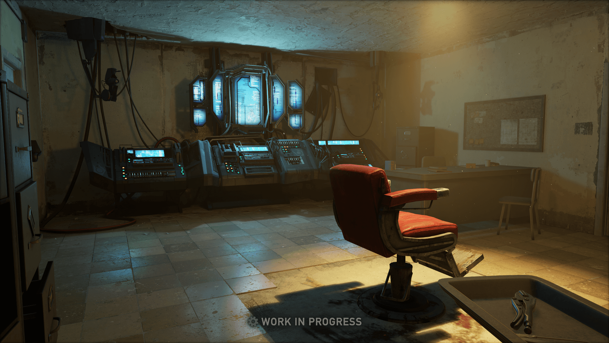 The Barney reveal room from Half-Life 2, remade in Half-Life: Alyx. The high-res red interrogation chair is lit by bright yellow light, contrasting with the cool metallic tones of the Combine control panel. This, and all the other screeenshots, are marked as works in progress.