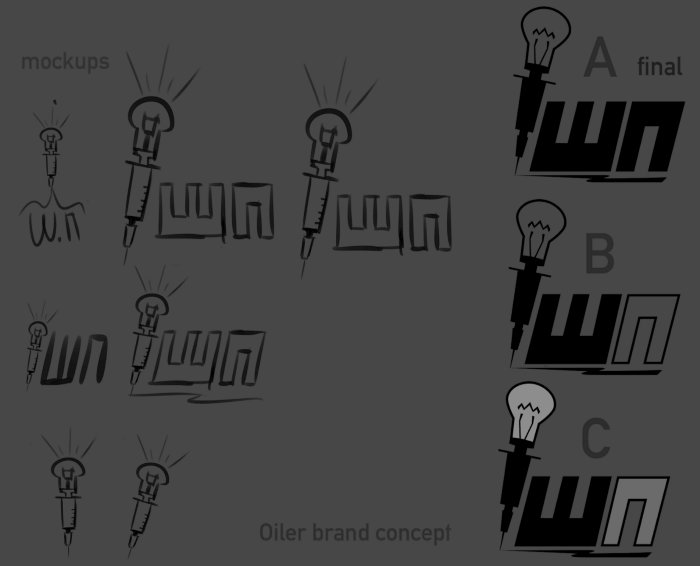 Concept art for an oiler brand logo featuring lettering and a lightbulb.