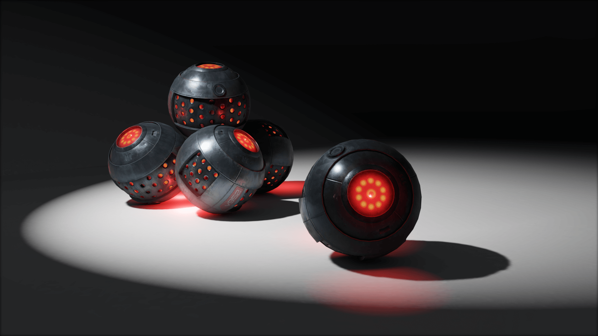 Remastered helicopter bombs. They 're metallic, orb-shaped, and glowing red.