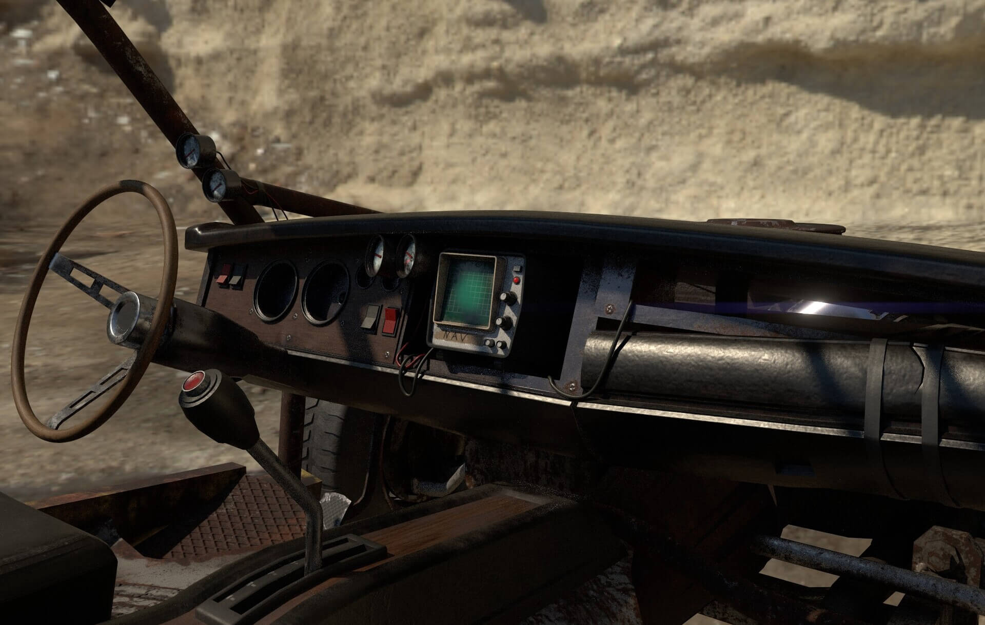 The driver's seat of the buggy from Half-Life 2, remade in high-def. It's a scrappy-looking open-air car interior.